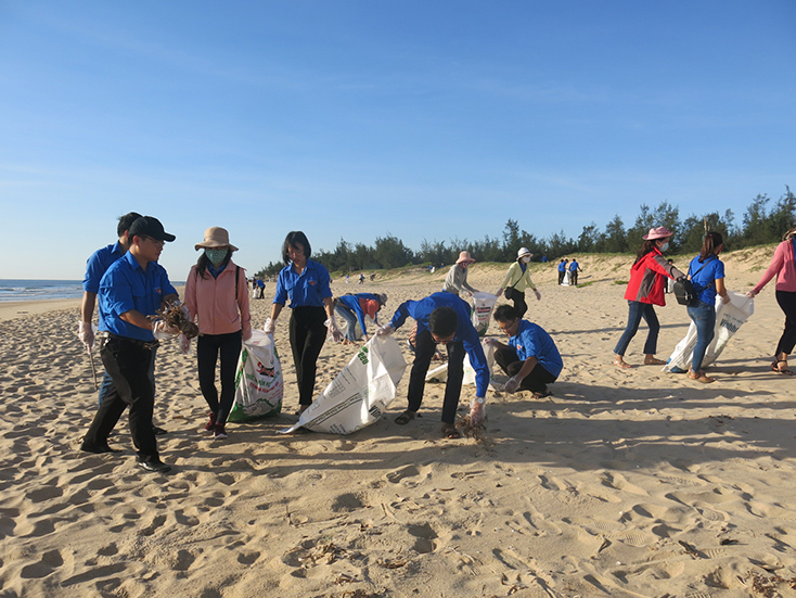 Các ĐVTN trong Khối các cơ quan tỉnh đang dọn vệ sinh tại bãi biển Quang Phú