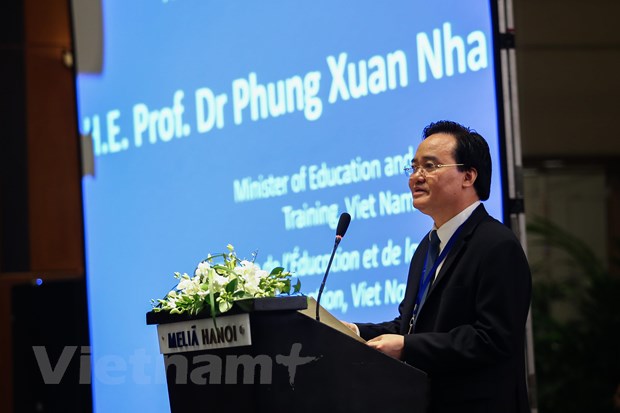 Bộ trưởng Bộ Giáo dục và Đào tạo Phùng Xuân Nhạ phát biểu khai mạc. (Ảnh: Việt Hà/Vietnam+)
