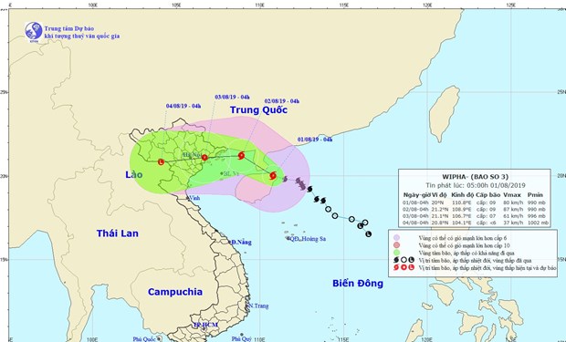 Vị trí và đường đi dự kiến của bão số 3. (Nguồn: nchmf.gov.vn)