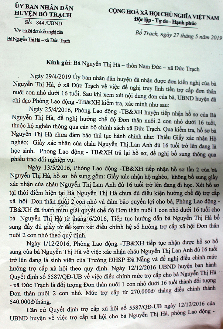 Công văn số 844/UBND của UBND huyện Bố Trạch trả lời lần cuối cùng việc giải quyết chế độ đơn thân nghèo nuôi con nhỏ của bà Nguyễn Thị Hà. 