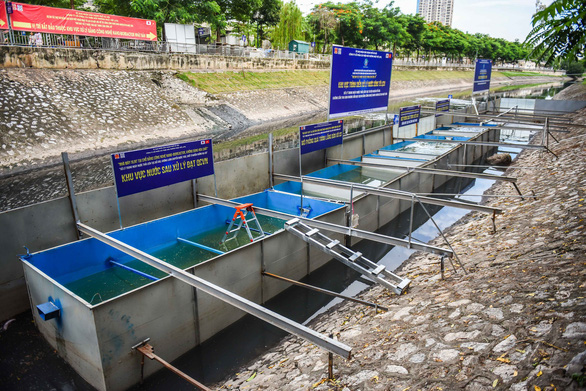 Khu vực trình diễn xử lý nước sông Tô Lịch gồm 4 bể xử lý - Ảnh: HOÀNG THANH TÙNG