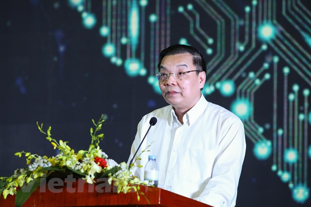 Bộ trưởng Bộ Khoa học và Công nghệ Chu Ngọc Anh phát biểu tại phiên trọng thể Ngày hội Trí tuệ nhân tạo Việt Nam 2019. (Ảnh: Minh Sơn/Vietnam+)