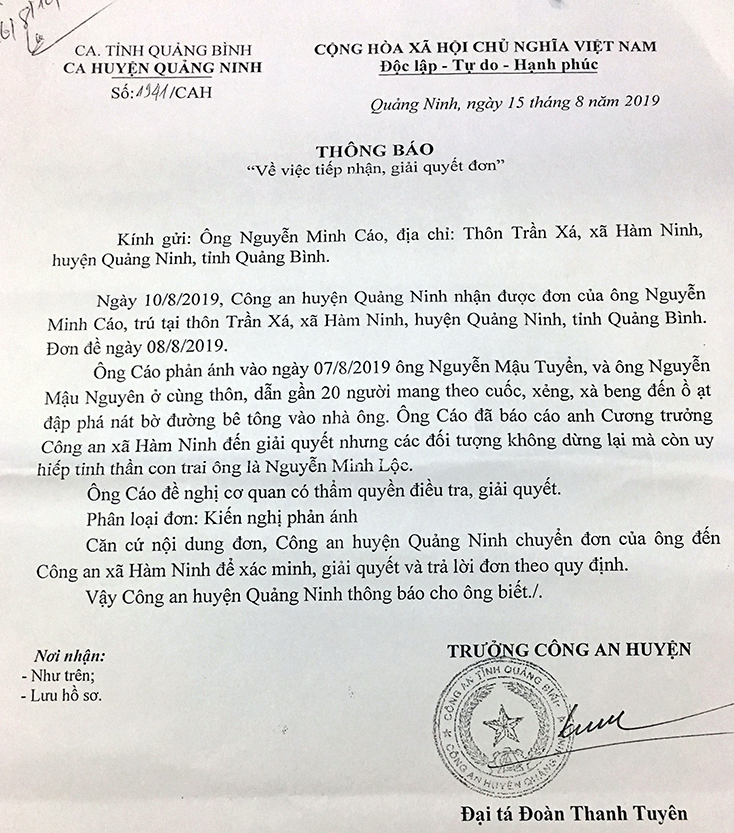Thông báo của Công an huyện Quảng Ninh chuyển giao sự việc xảy ra sáng ngày 7-8-2019 cho công an xã Hàm Ninh xử lý.   