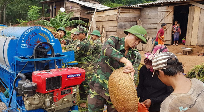 Cán bộ, chiến sỹ Đồn Biên phòng CKQT Cha Lo giúp bà con bản Ka Ai thu hoạch lúa vụ hè-thu.