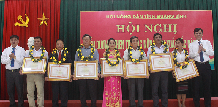 Đồng chí Trần Thắng và lãnh đạo hội nông dân tỉnh trao tặng bằng khen của Thủ tướng chính phủ cho 7 nông dân xuất sắc trong sản xuất, kinh doanh từ năm 2014 đến 2018