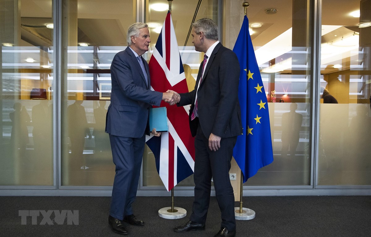 Trưởng đoàn đàm phán Brexit của EU Michel Barnier (trái) và Bộ trưởng Brexit của Anh Stephen Barclay tại vòng đàm phán ở Brussels, Bỉ, ngày 11-10-2019. (Ảnh: AFP/ TTXVN)