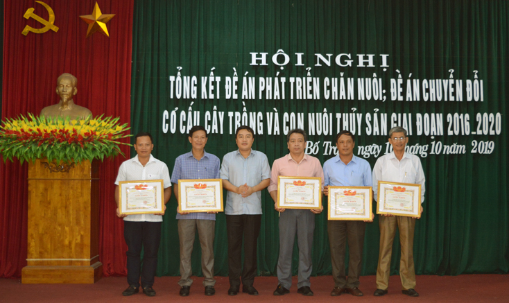 Đồng chí Bí thư Huyện ủy Bố Trạch Đinh Hữu Thành trao giấy khen cho các tập thể.