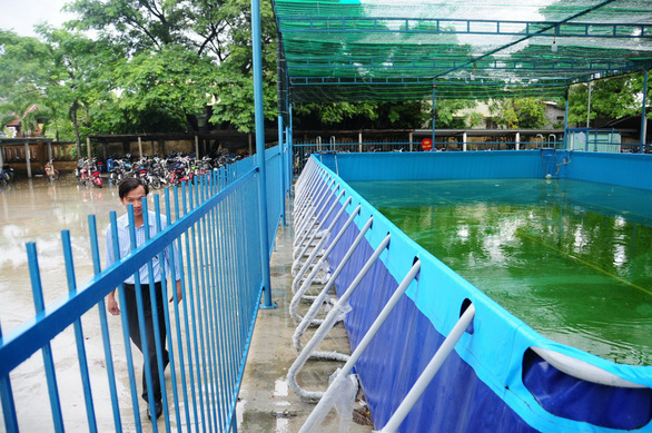 Bể bơi lắp ráp do ba thầy giáo trẻ Trường THCS Dũng Sĩ Điện Ngọc đầu tư, phục vụ dạy bơi lội cho học sinh ngay trong sân trường - Ảnh: B.D.