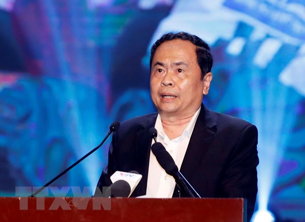 Ông Trần Thanh Mẫn, Bí thư Trung ương Đảng, Chủ tịch Ủy ban Trung ương Mặt trận Tổ quốc Việt Nam phát biểu tại chương trình. (Ảnh: Thống Nhất/TTXVN) 