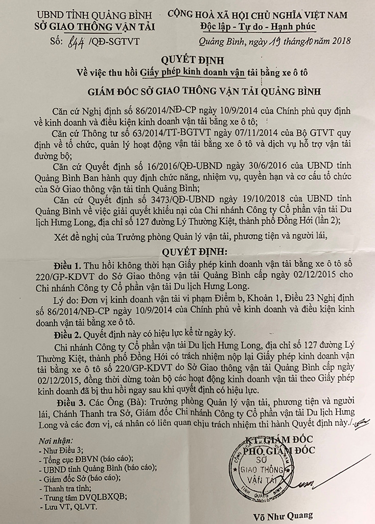 Quyết định thu hồi giấy phép kinh doanh vận tải của Chi nhánh Công ty CPVT du lịch Hưng Long tại Quảng Bình.