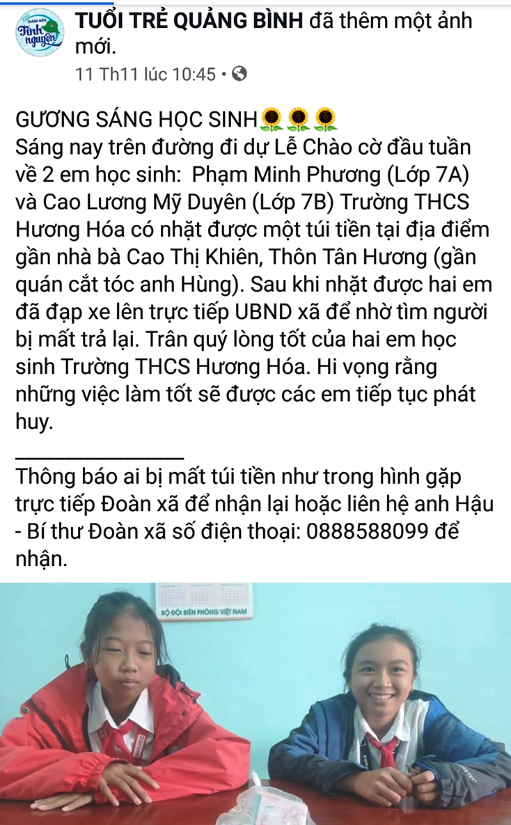 Hành động đẹp của hai em học sinh Trường THCS Hương Hóa (Tuyên Hóa) được nhiều người chia sẻ.	