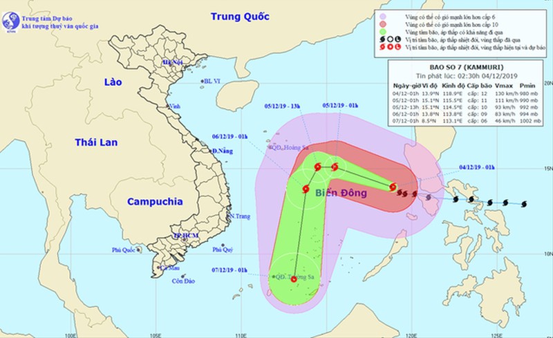 Bản đồ hướng di chuyển của bão số 7.