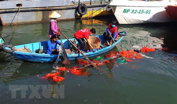 Thu gom rác thải nhựa trên mặt biển vùng khu vực cảng Quy Nhơn, tỉnh Bình Định. (Ảnh: Nguyên Linh/TTXVN)