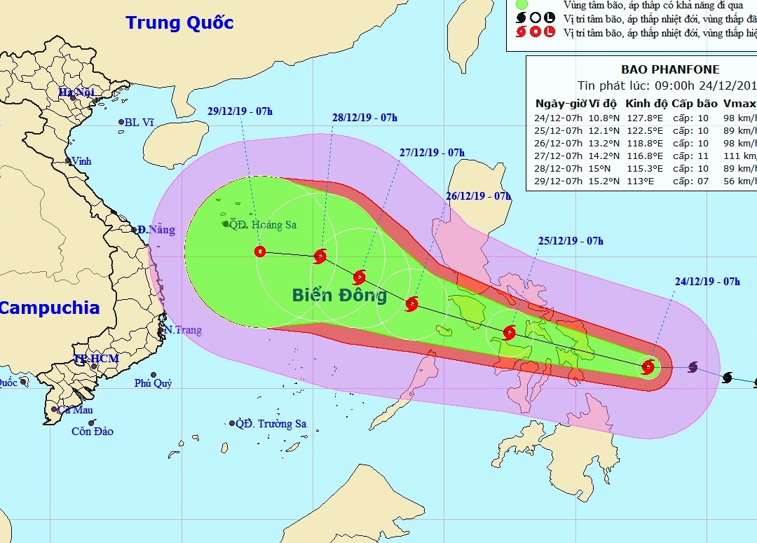  Dự báo vị trí và đường đi của bão PHANFONE. Ảnh NCHMF