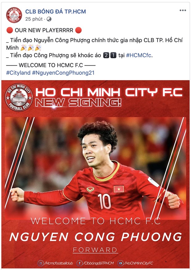 Câu lạc bộ Thành phố Hồ Chí Minh công bố chiêu mộ thành công tiền đạo Công Phượng. (Ảnh: CLB TP.HCM)