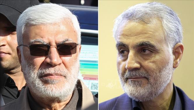 Phó Chỉ huy Lực lượng bán quân sự Hashed al-Shaabi ở Iraq, ông Abu Mahdi al-Muhandis (trái) và người đứng đầu đơn vị Quds Thiếu tướng Qasem Soleimani, đều thiệt mạng trong vụ không kích của Mỹ. Ảnh: CNN/TTXVN