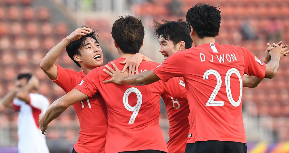 Các cầu thủ U23 Hàn Quốc trong trận đấu Tứ kết Vòng chung kết U23 châu Á 2020 tối 19/1. Ảnh: thethaovanhoa.vn