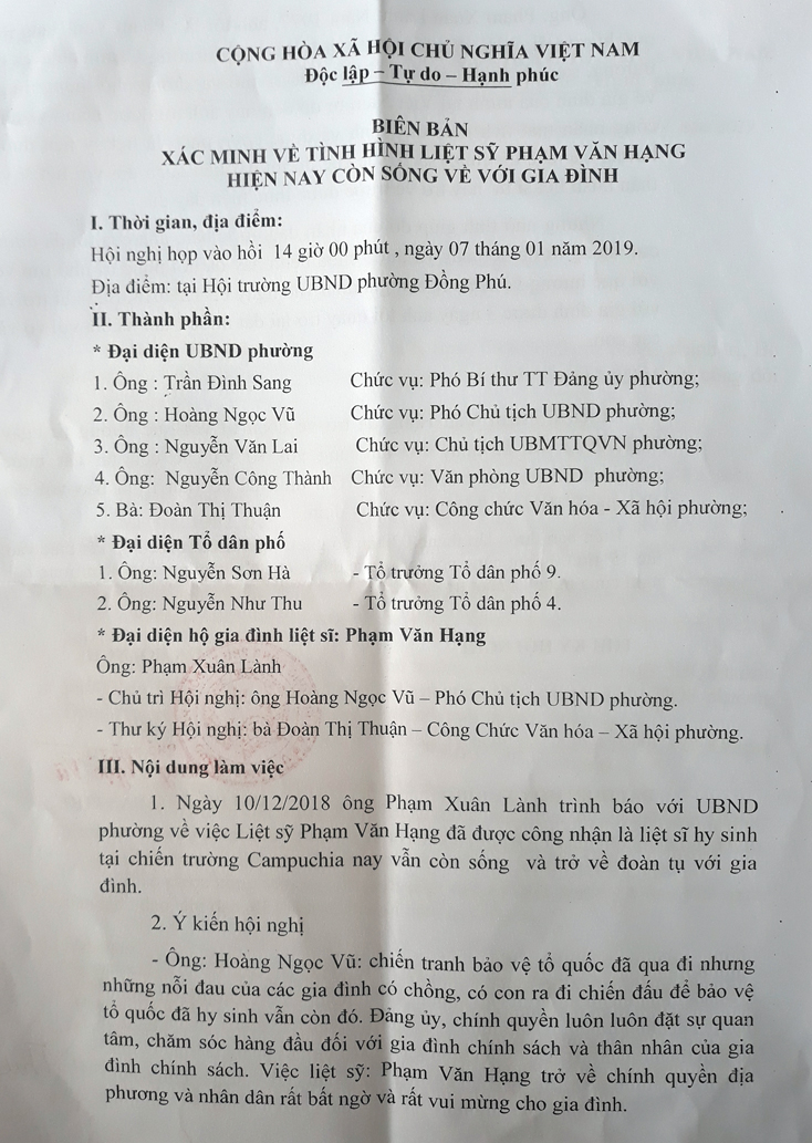 Biên bản của UBND phường Đồng Phú (TP. Đồng Hới) xác minh trường hợp liệt sỹ Phạm Văn Hạng hiện còn sống trở về với gia đình.