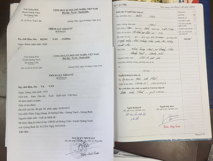  Bản sao trích lục khai tử số 61 không trùng khớp với nội dung ở sổ khai tử lưu tại UBND xã Quảng Châu. 