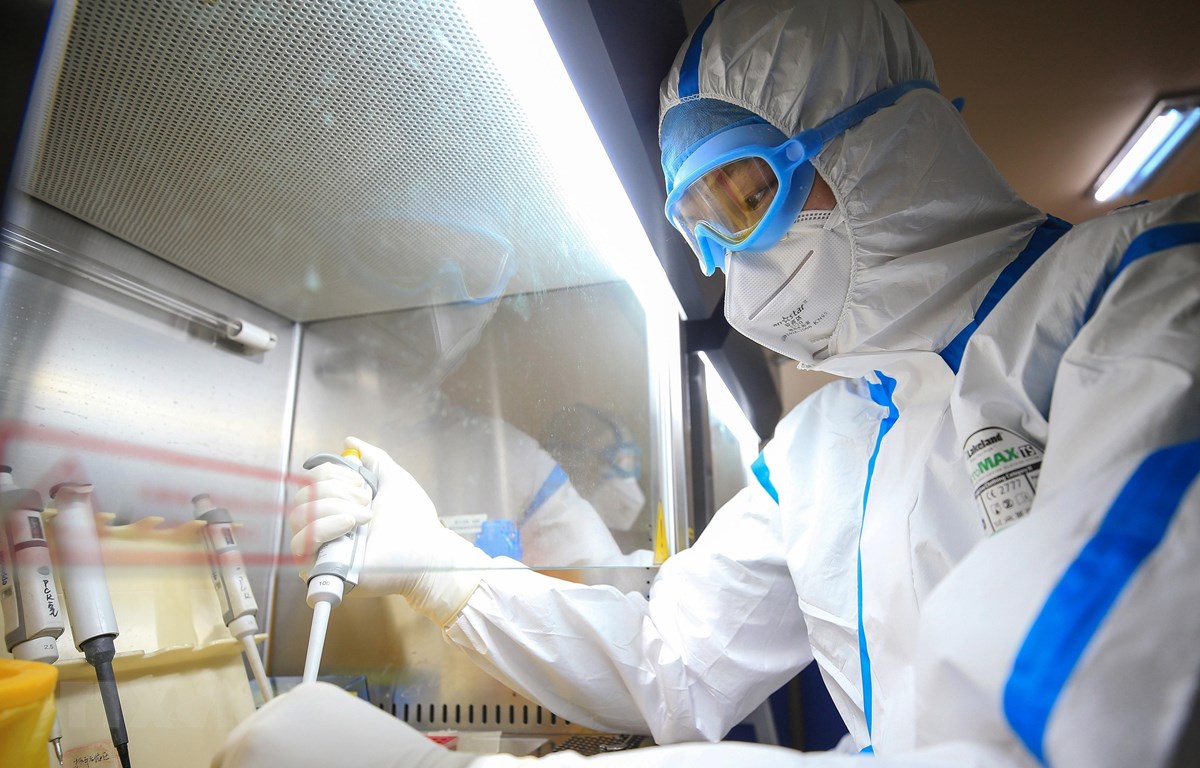 Kỹ thuật viên xét nghiệm mẫu virus COVID-19 tại phòng thí nghiệm ở Hành Dương, tỉnh Hồ Nam, Trung Quốc ngày 19-2. (Ảnh: AFP/TTXVN)
