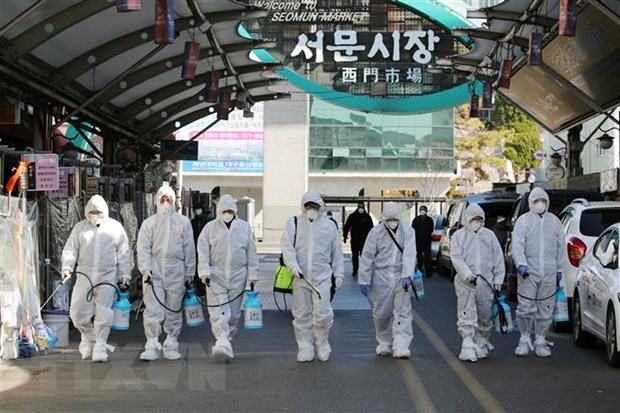 Phun thuốc khử trùng tại một khu chợ ở thành phố Daegu, Hàn Quốc nhằm ngăn chặn sự lây lan của dịch COVID-19. (Ảnh: AFP/TTXVN)