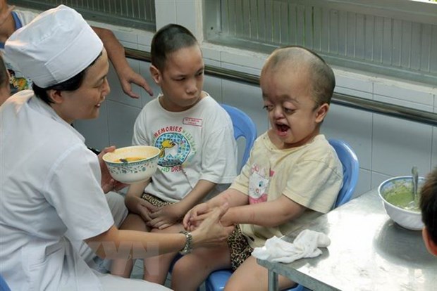 Nữ nhân viên Làng Hòa Bình-Từ Dũ, Thành phố Hồ Chí Minh tận tình chăm sóc trẻ bị di chứng chất độc da cam/dioxin. (Ảnh: Dương Ngọc/TTXVN)