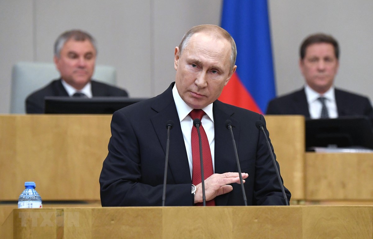 Tổng thống Vladimir Putin phát biểu tại phiên họp của Duma Quốc gia Nga ở Moskva ngày 10-3-2020. (Ảnh: AFP/TTXVN)