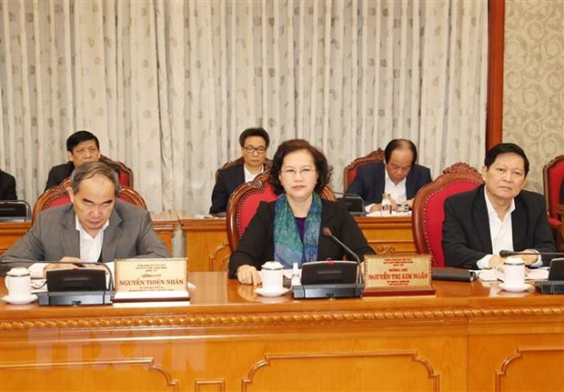 Ủy viên Bộ Chính trị, Chủ tịch Quốc hội Nguyễn Thị Kim Ngân phát biểu tại cuộc họp. (Ảnh: Trí Dũng/TTXVN)