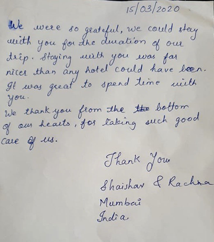  Bức thư cảm ơn du khách Shaishaw và Rachna để lại sau khi hết thời gian cách ly ở Khách sạn Cao Minh (ảnh cơ sở lưu trú cung cấp).