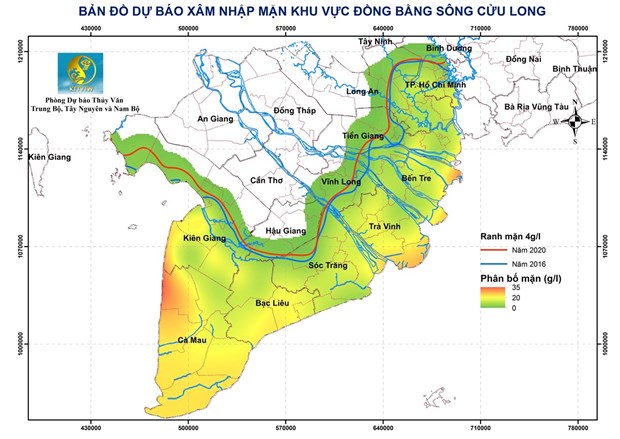 Bản đồ dự báo xâm nhập mặn khu vực Đồng bằng sông Cửu Long.