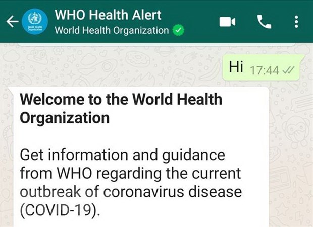 Ứng dụng WhatsApp WHO Health Alert truy vấn thông tin chính thức về COVID-19 qua tổng đài +41798931892 do WHO quản lý. (Ảnh: Đình Lượng/TTXVN)
