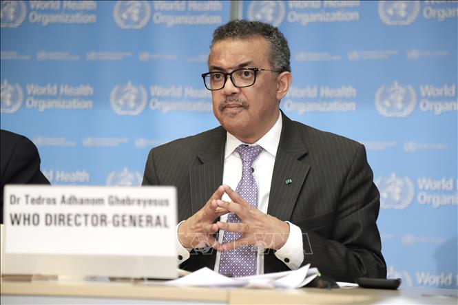 Tổng Giám đốc Tổ chức Y tế thế giới Tedros Adhanom Ghebreyesus tại cuộc họp báo ở Geneva, Thụy Sĩ. Ảnh: THX/TTXVN