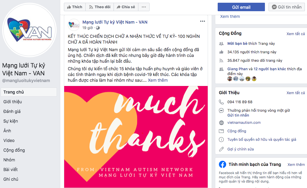 Trang Facebook của Mạng lưới tự kỷ Việt Nam.