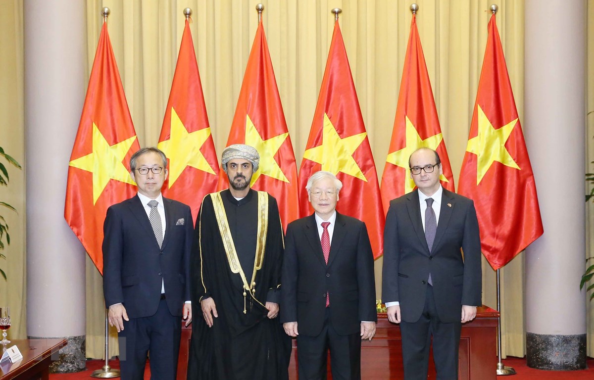Tổng Bí thư, Chủ tịch nước Nguyễn Phú Trọng chụp ảnh chung với các Đại sứ. (Ảnh: Phương Hoa/TTXVN)