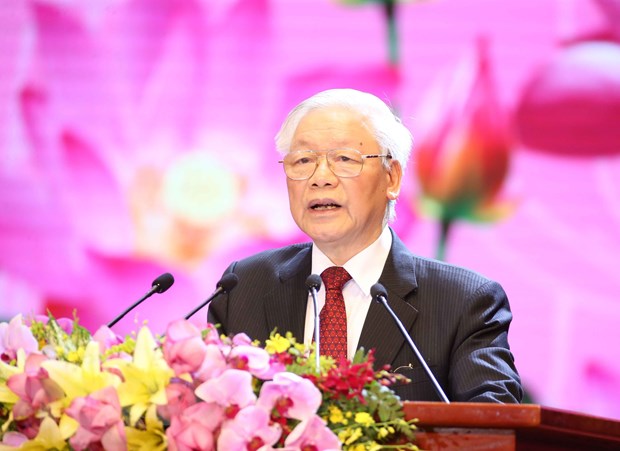 Tổng Bí thư, Chủ tịch nước Nguyễn Phú Trọng đọc Diễn văn tại lễ kỷ niệm 130 năm Ngày sinh Chủ tịch Hồ Chí Minh. (Ảnh: Trí Dũng/TTXVN)