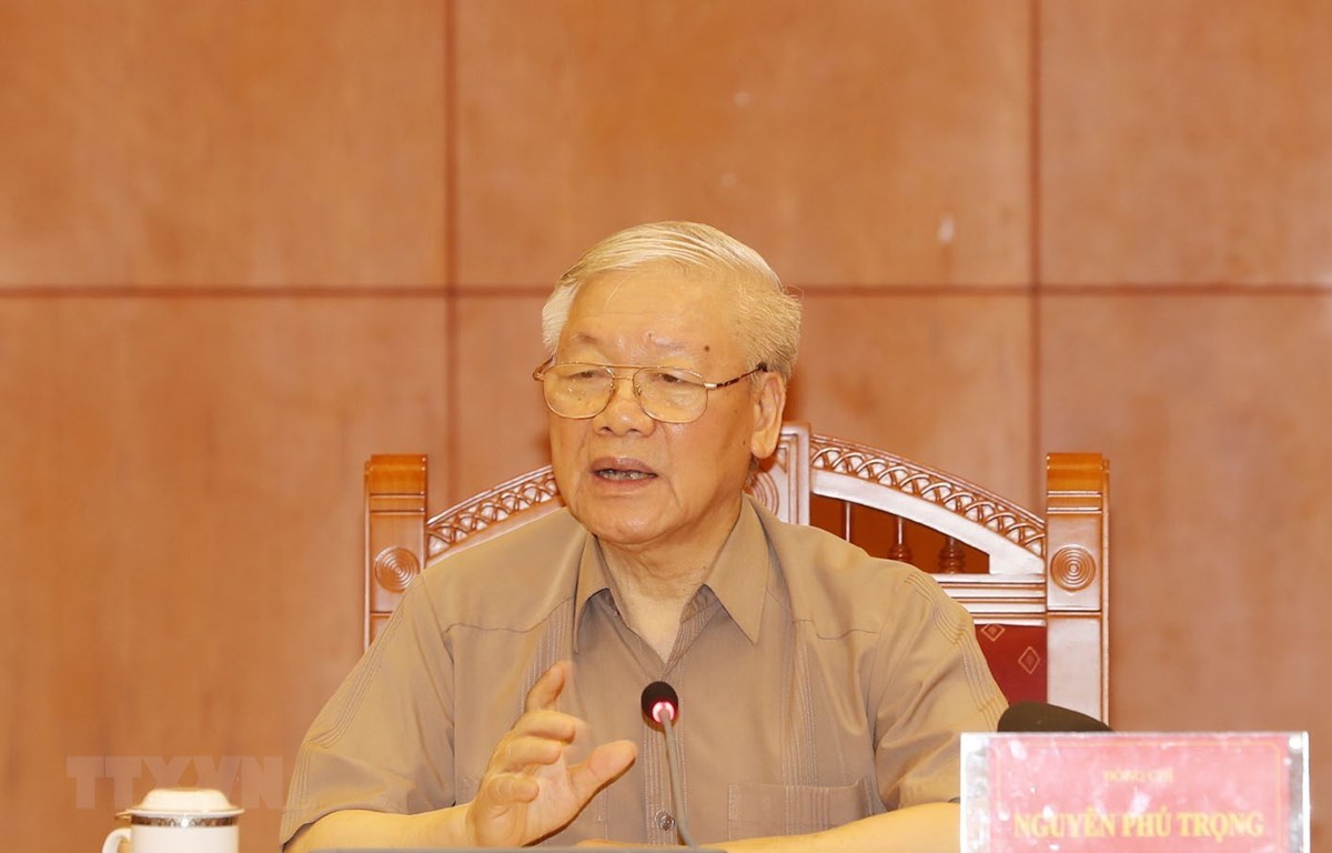  Tổng Bí thư, Chủ tịch nước Nguyễn Phú Trọng phát biểu kết luận cuộc họp. (Ảnh: Trí Dũng/TTXVN)