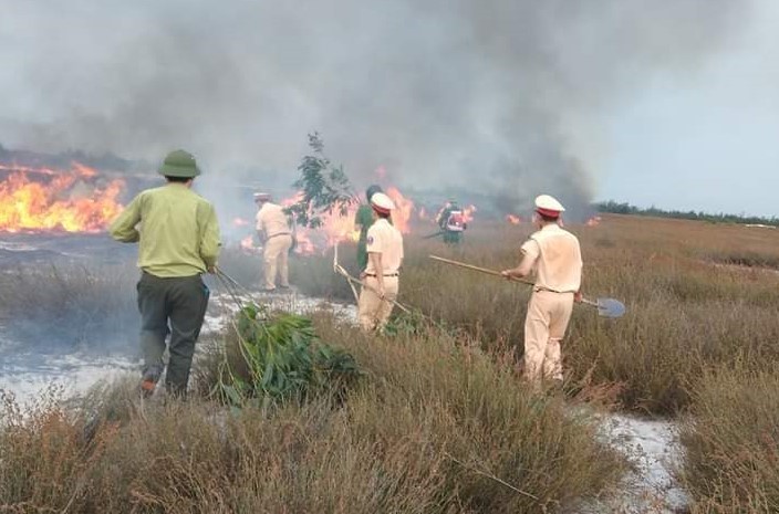 Các lực lượng tham gia chữa cháy rừng tại xã Ngư Thủy Bắc