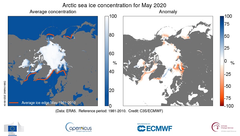  Trung bình nhiệt độ ở vùng băng Bắc cực vào tháng 5 trong giai đoạn 1981-2010 (trái). Sự bất thường về lượng băng ở Bắc Cực vào tháng 5-2020 so với mức trung bình tháng 5 trong giai đoạn 1981-2010 (phải). Ảnh: C3S/ ECMWF.