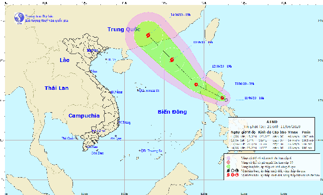  Dự báo trong 24 giờ tới, áp thấp nhiệt đới di chuyển theo hướng Tây Tây Bắc, mỗi giờ đi được 15-20 km và đi vào Biển Đông. Ảnh: nchmf.gov.vn
