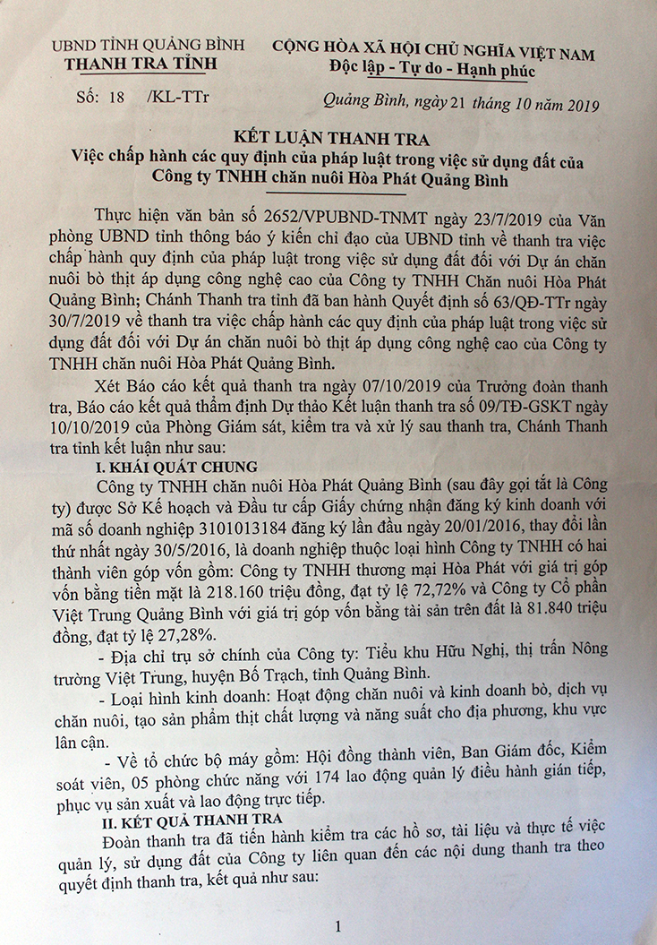 Kết luận thanh tra số 18/KL-TTr của Thanh tra tỉnh đã chỉ ra nhiều sai phạm trong vấn đề quản lý và sử dụng đất đai tại Công ty Hòa Phát Quảng Bình. 