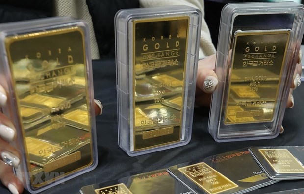 Vàng miếng tại một sàn giao dịch ở Seoul, Hàn Quốc. (Ảnh: Yonhap/TTXVN)