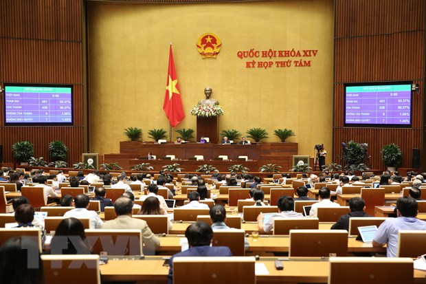 Các đại biểu biểu quyết thông qua Luật sửa đổi, bổ sung một số điều của Luật Tổ chức Chính phủ. (Ảnh: Dương Giang/TTXVN)