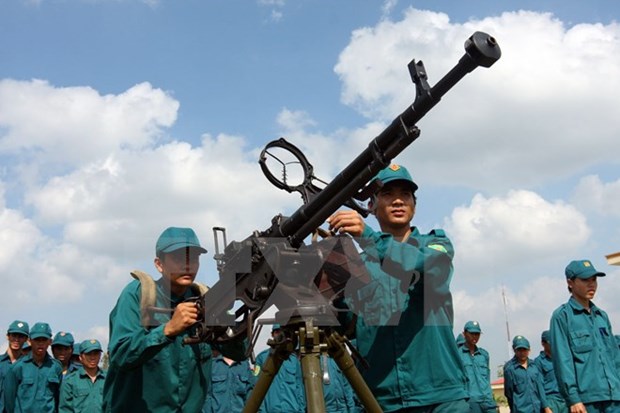 Lực lượng dân quân tự vệ huyện Phong Điền, Cần Thơ, huấn luyện báo động chiến đấu mục tiêu trên không. Ảnh: Trọng Đức/TTXVN