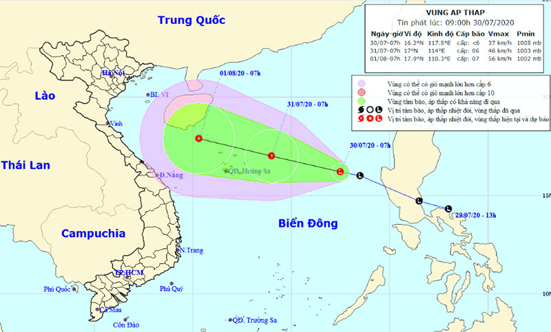  Vị trí và hướng di chuyển của áp thấp nhiệt đới trên Biển Đông. (Nguồn: nchmf.gov.vn)
