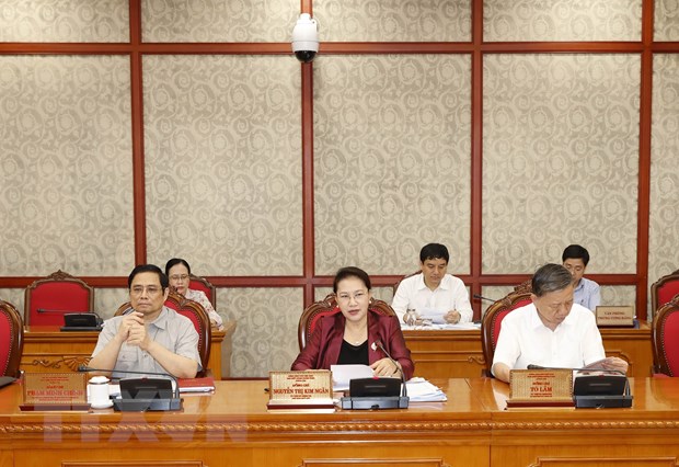 Chủ tịch Quốc hội Nguyễn Thị Kim Ngân chủ trì họp Bộ Chính trị với Ban Thường vụ Thành ủy Cần Thơ. (Ảnh: Trọng Đức/TTXVN)