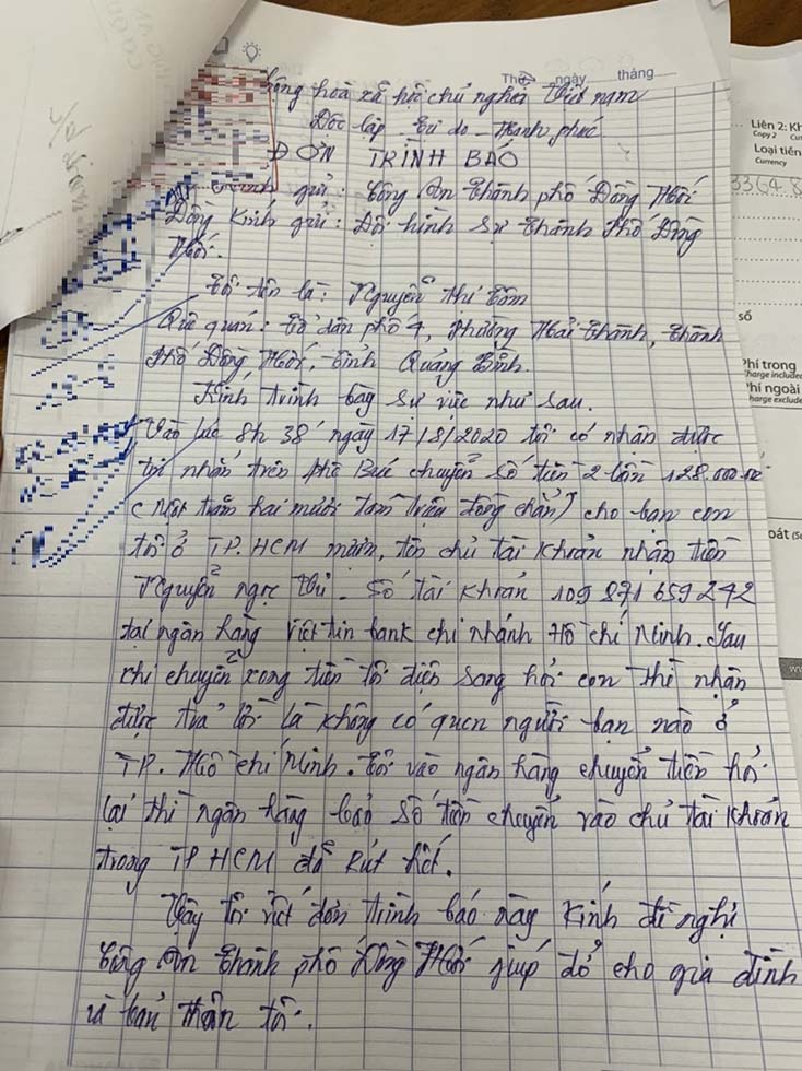 Đơn trình báo của chị Nguyễn Thị Tâm gửi Công an TP. Đồng Hới.