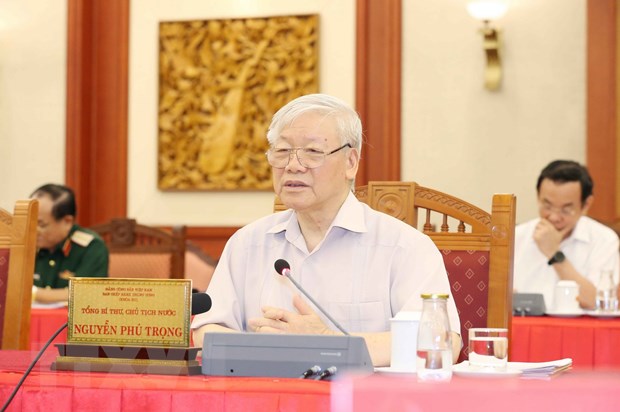 Tổng Bí thư, Chủ tịch nước Nguyễn Phú Trọng phát biểu kết luận buổi làm việc. (Ảnh: Phương Hoa/TTXVN)