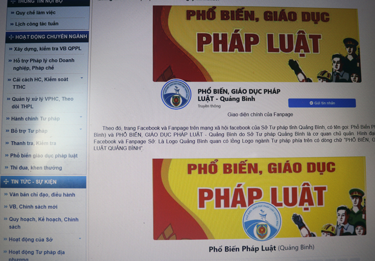 Hình ảnh về giao diện chính trang Facebook và Fanpage của Sở Tư pháp vừa mới đưa vào hoạt động. 