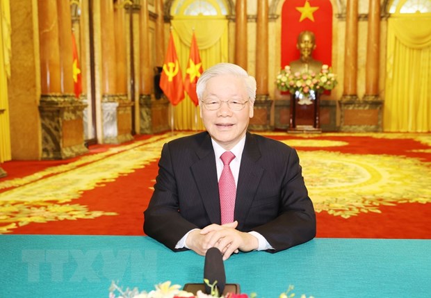 Tổng Bí thư, Chủ tịch nước Nguyễn Phú Trọng gửi thông điệp tới Phiên thảo luận chung cấp cao Khóa 75 Đại hội đồng Liiên hợp quốc. (Ảnh: Trí Dũng/TTXVN)