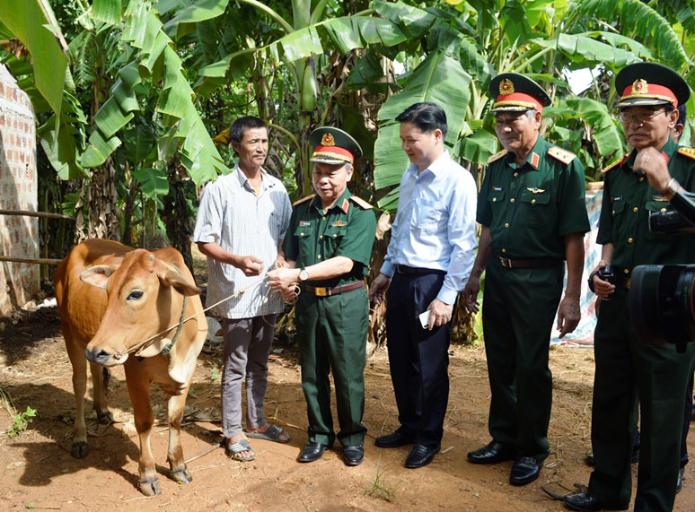 Đoàn tới thăm và trao bò cho hộ dân Nguyễn Văn Tứ, thị trấn Nông trường Việt Trung huyện Bố Trạch.